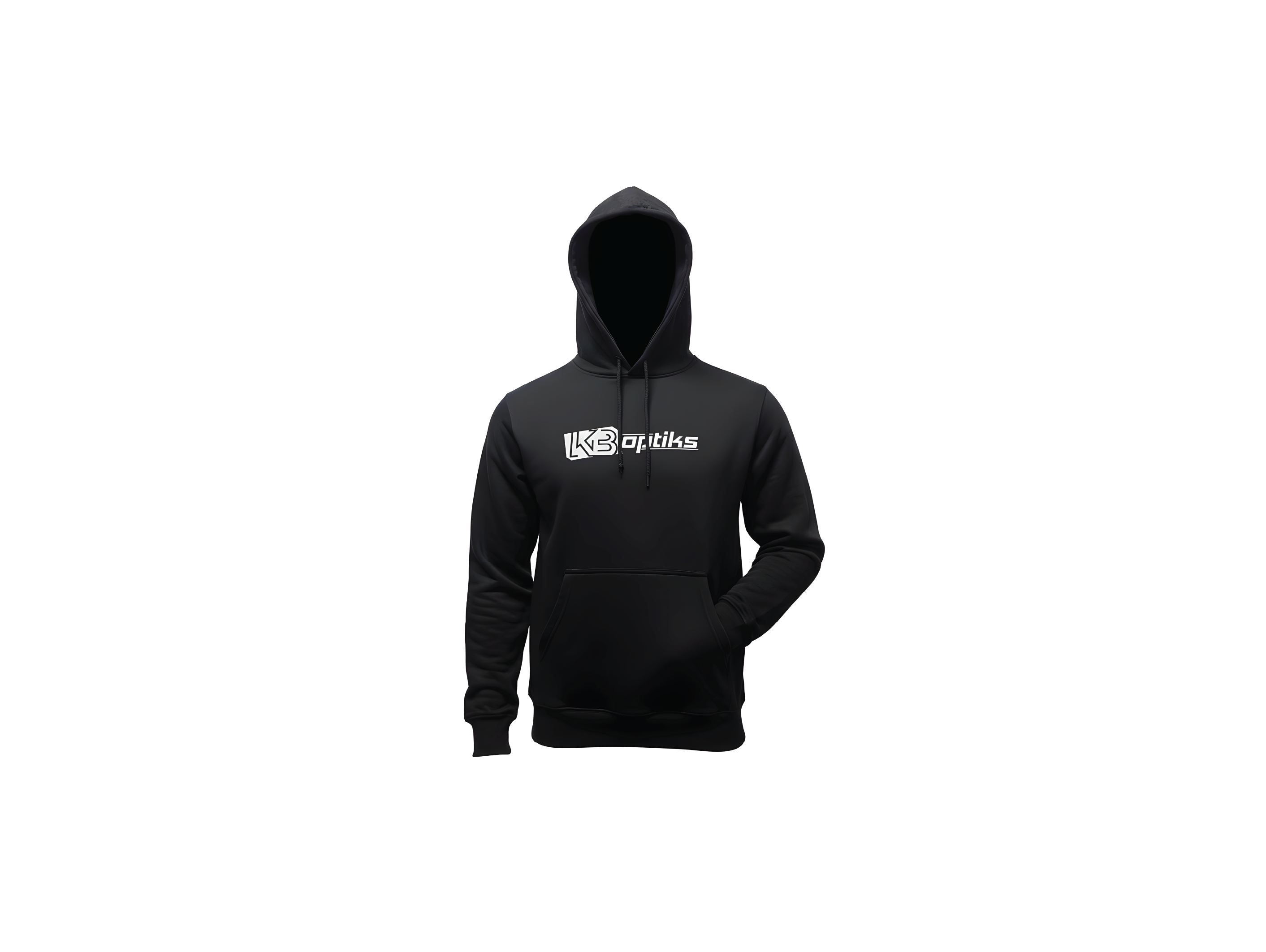 Sweat à capuche KB OPTIKS INC. avec capuchon, en tissu doux, porté sur un mannequin, style décontracté, couleur gris clair
