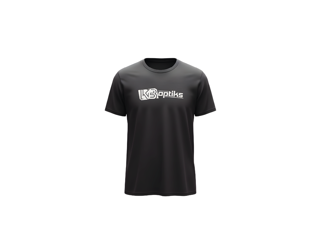 T-shirt à manches courtes KB OPTIKS INC. en coton blanc avec col rond, vue de face sur fond neutre.